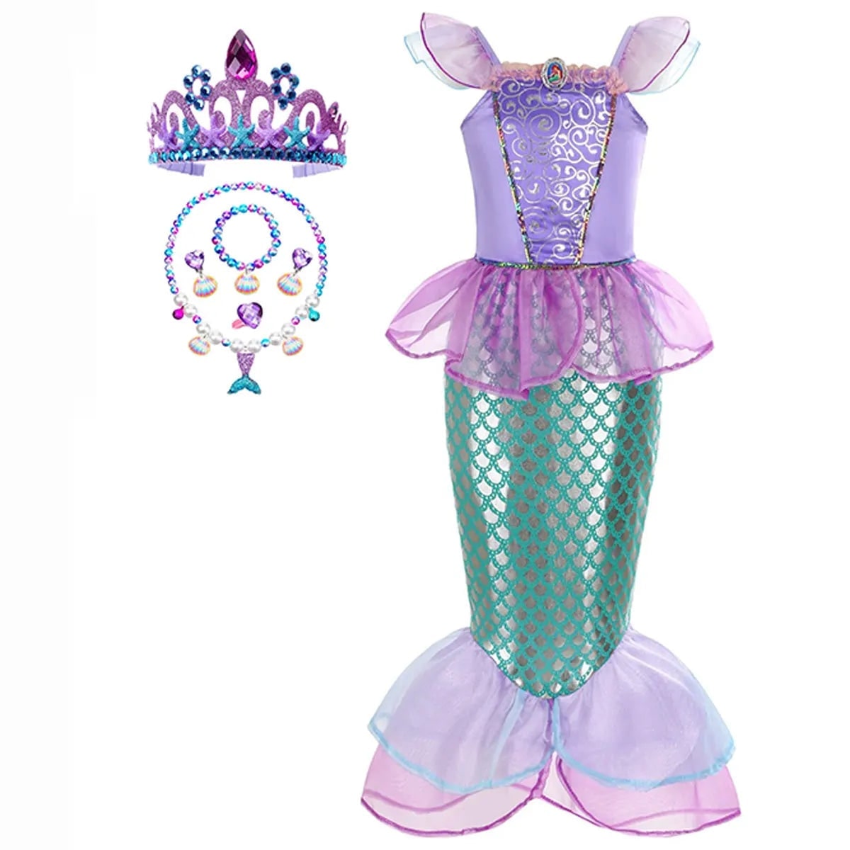 Girls Mermaid Costume Outfit with Accessories Ariel Dress Up Halloween Party