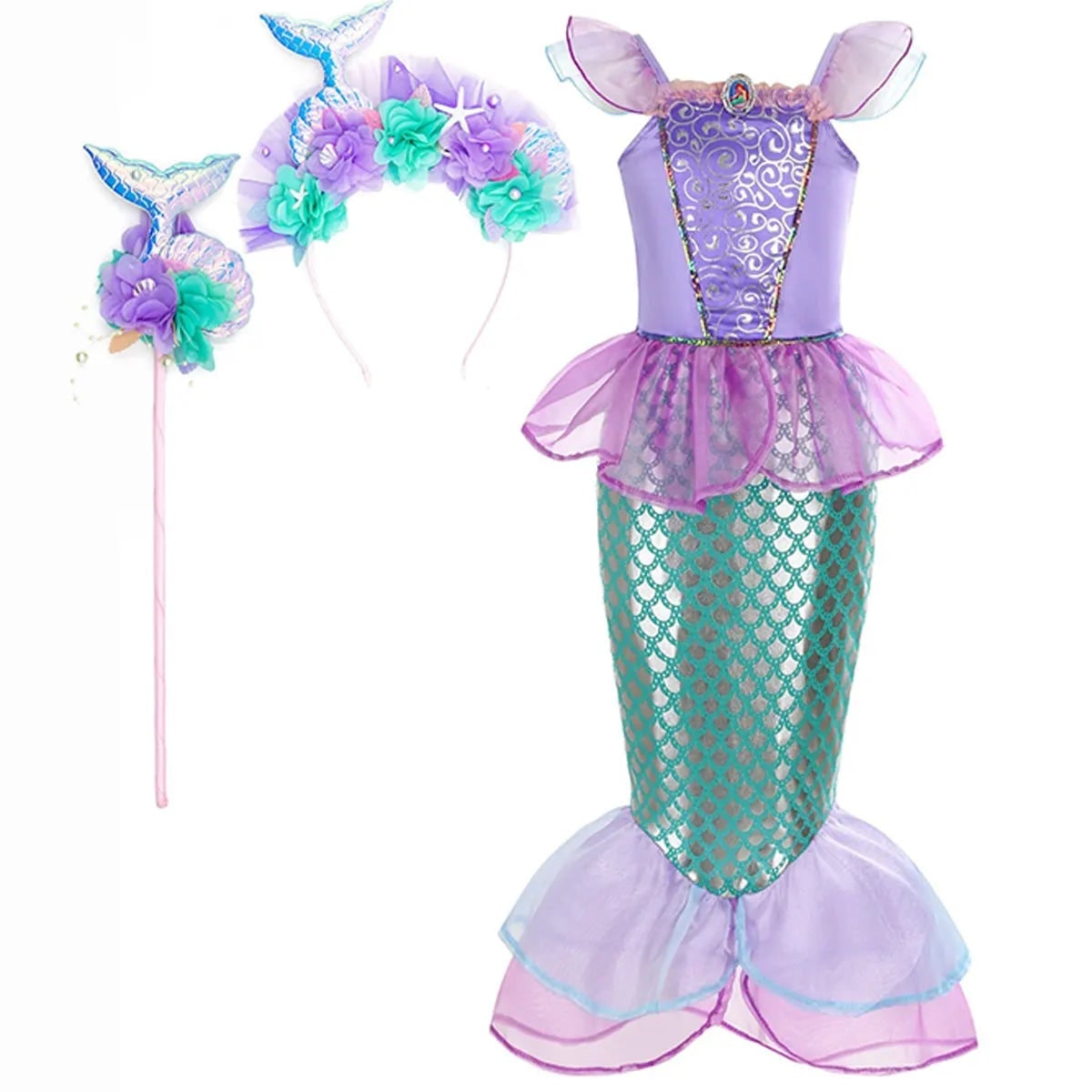 Girls Mermaid Costume Outfit with Accessories Ariel Dress Up Halloween Party