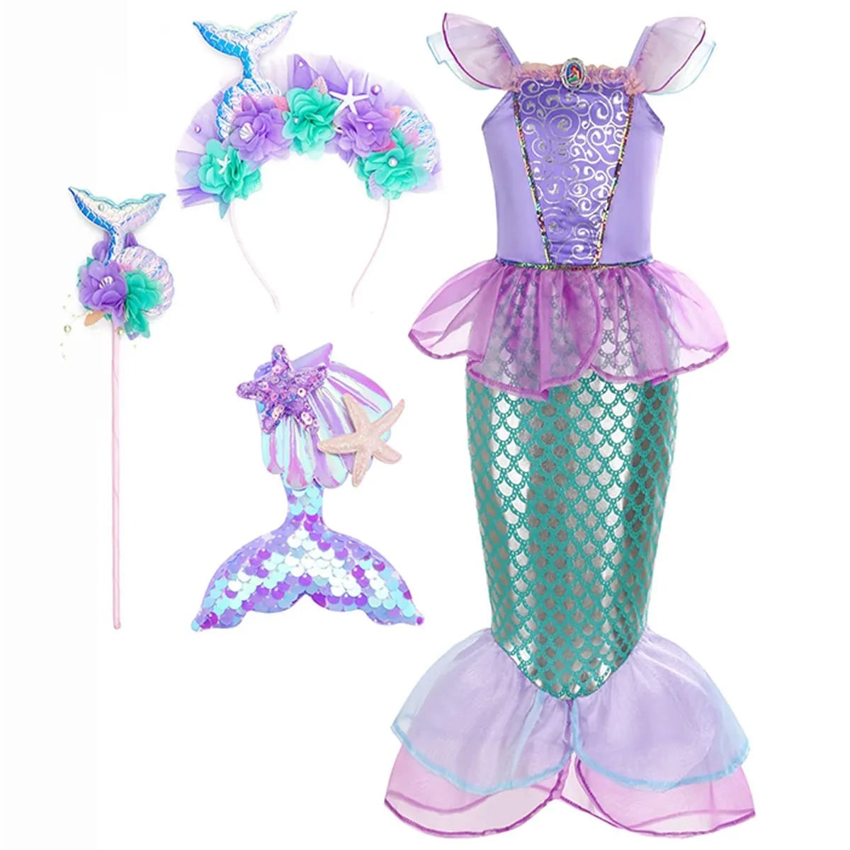 Girls Mermaid Costume Outfit with Accessories Ariel Dress Up Halloween Party