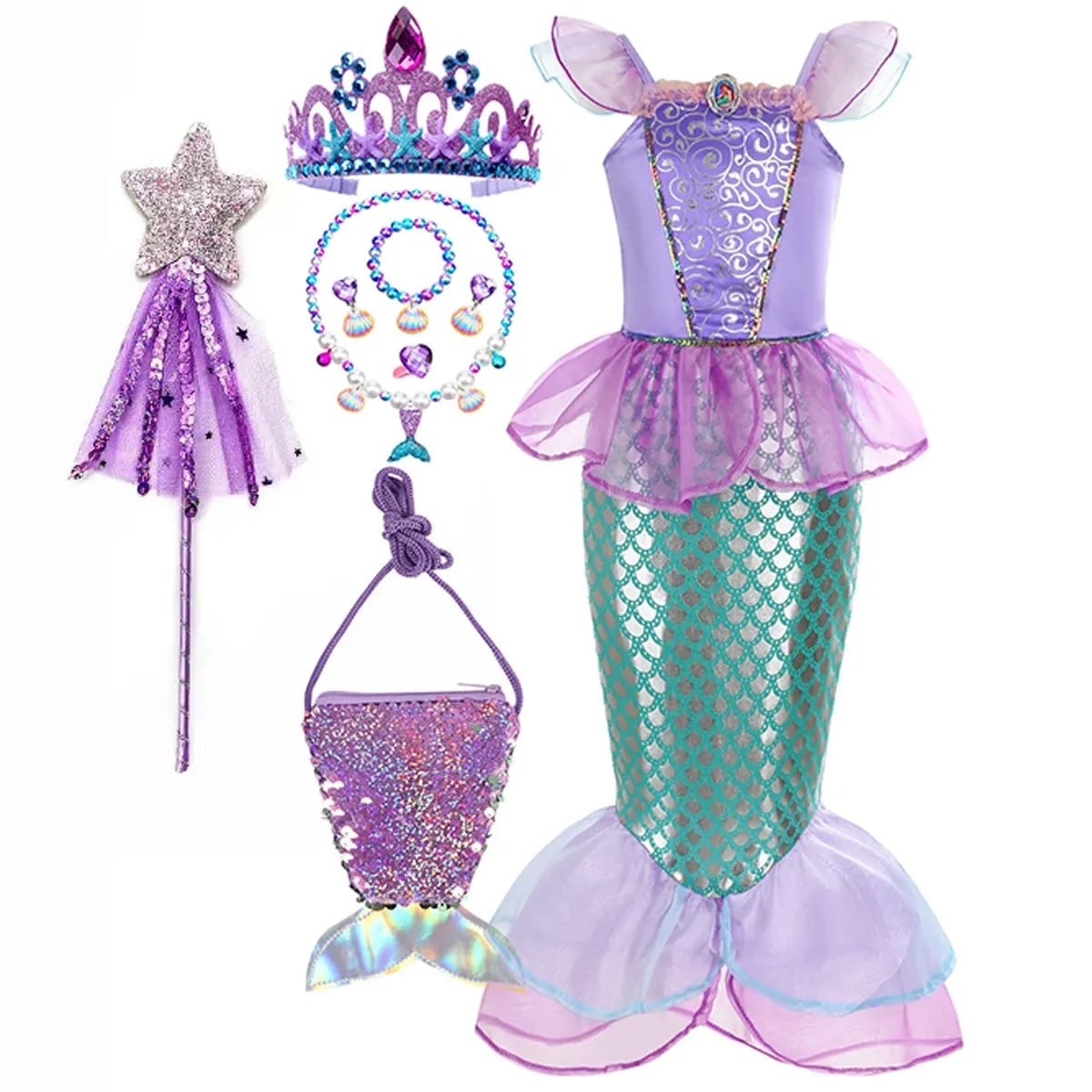 Girls Mermaid Costume Outfit with Accessories Ariel Dress Up Halloween Party
