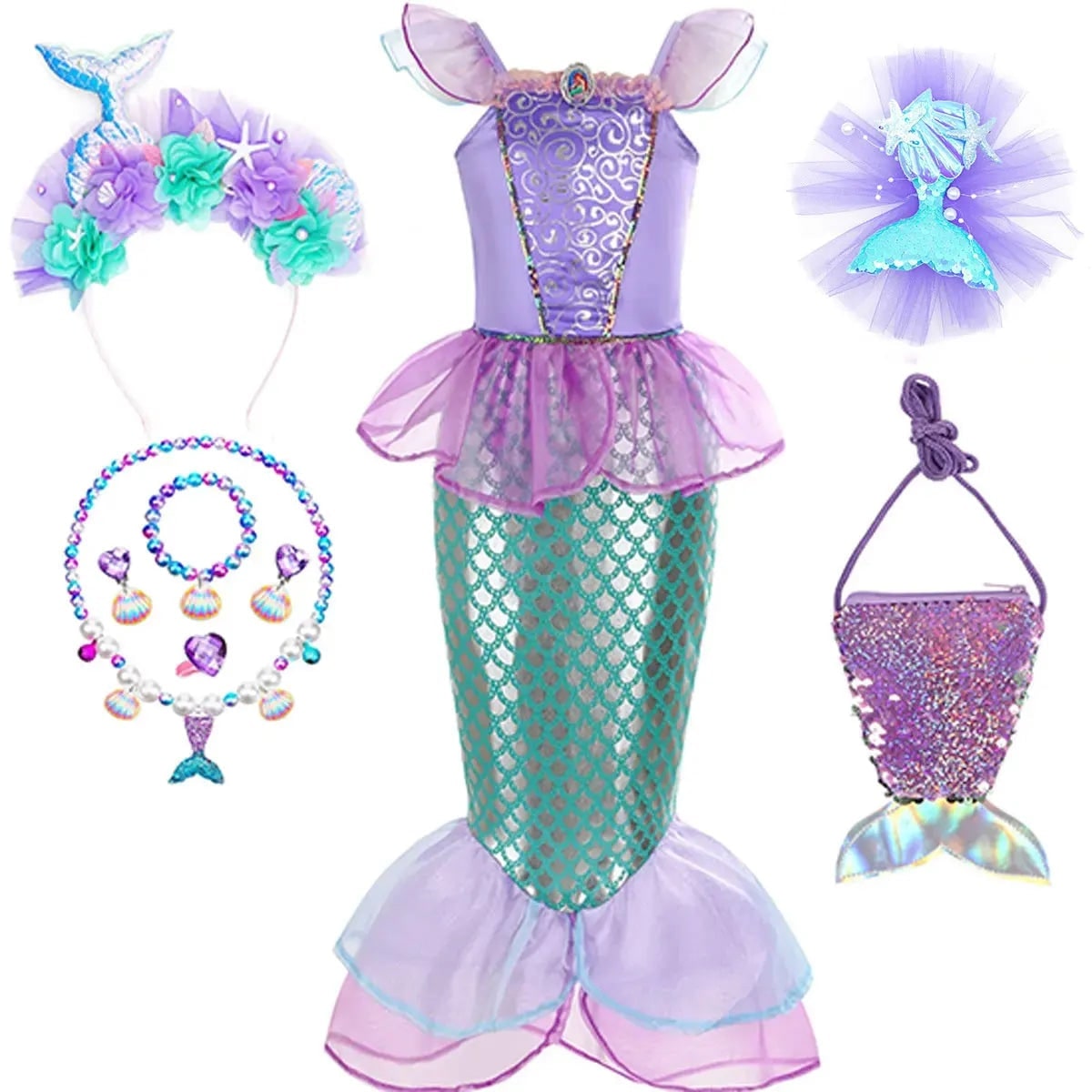 Girls Mermaid Costume Outfit with Accessories Ariel Dress Up Halloween Party