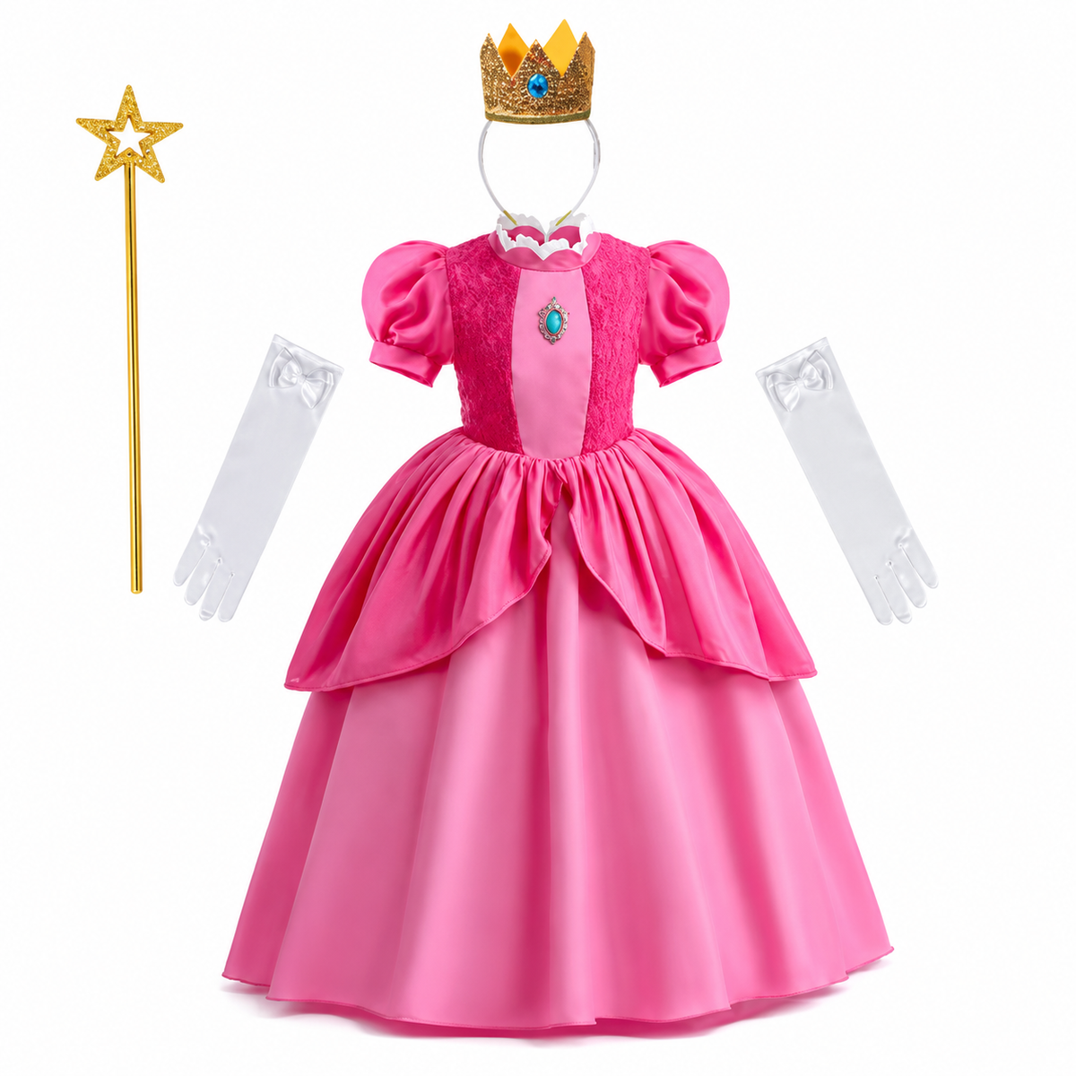 Girls Mushroom Princess Toadstool Costume Dress Set with Crown Gloves Wand Halloween