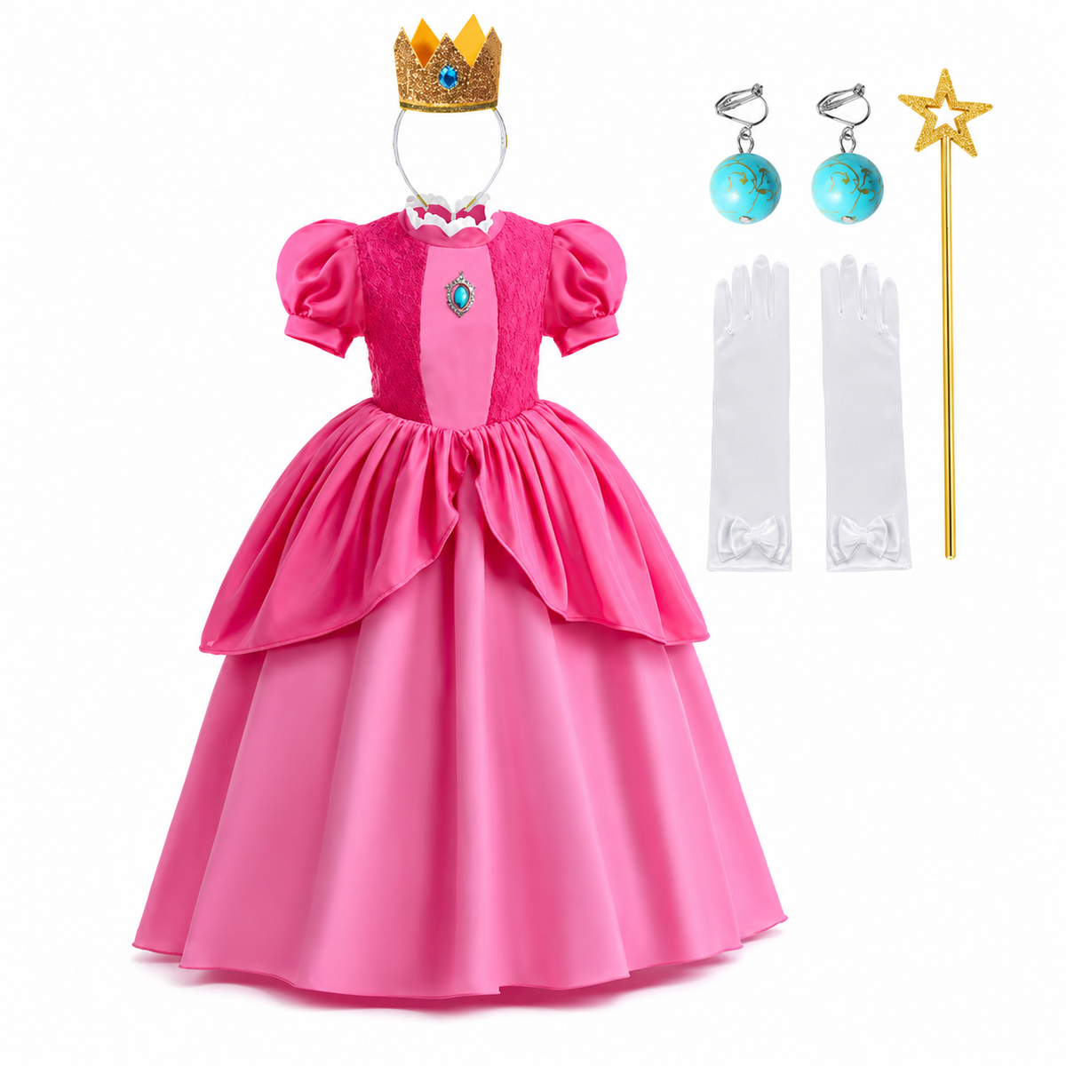 Girls Mushroom Princess Toadstool Costume Dress Set with Crown Gloves Wand Halloween