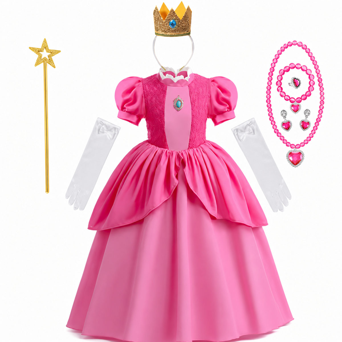 Girls Mushroom Princess Toadstool Costume Dress Set with Crown Gloves Wand Halloween