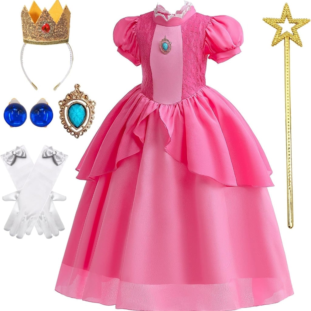 Girls Mushroom Princess Toadstool Costume Dress Set with Crown Gloves Wand Halloween