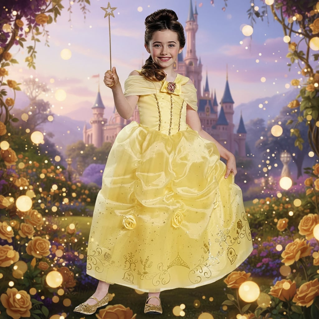 Girls Princess Costume Dress Gold Sequin Bodice and Star Wand Halloween