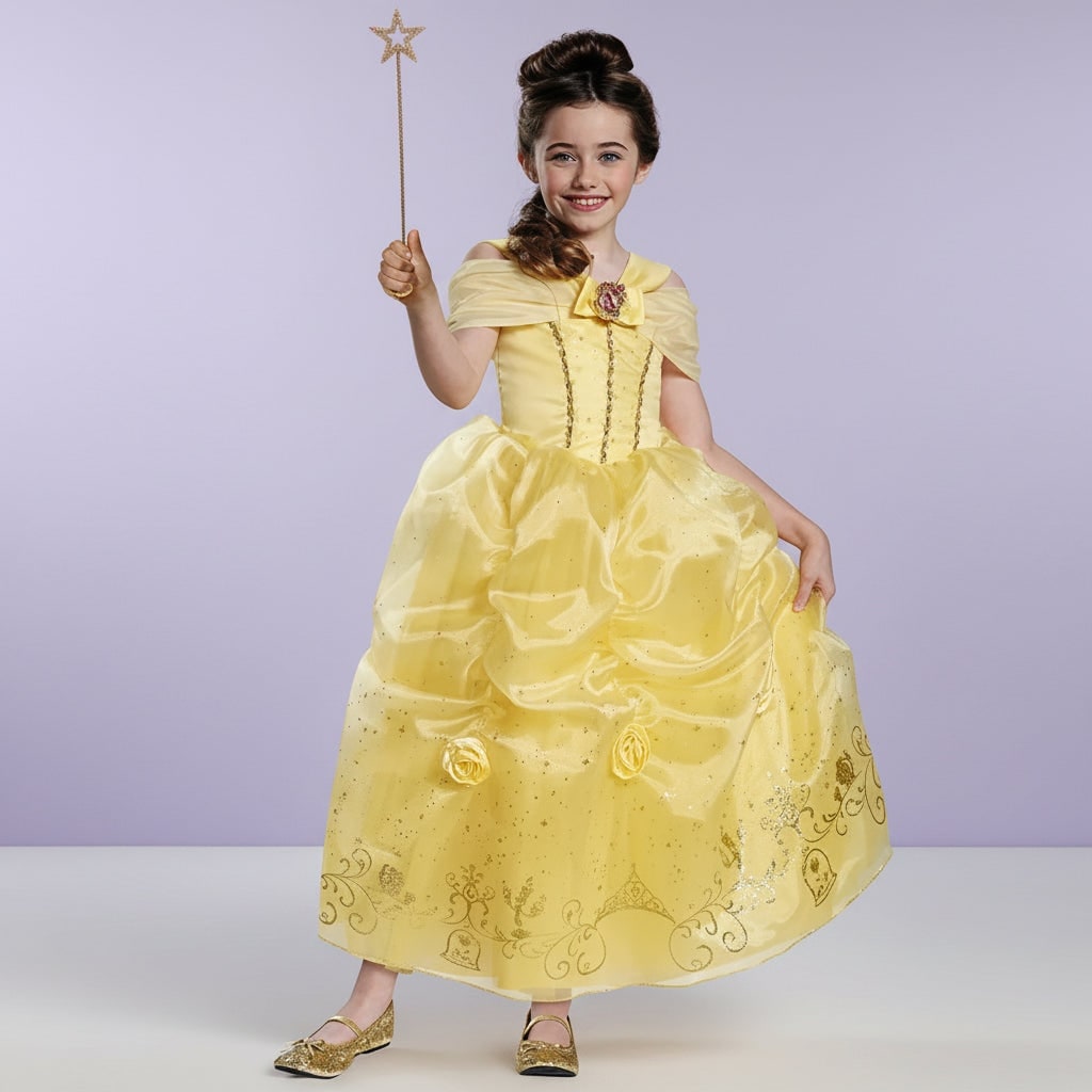 Girls Princess Costume Dress Gold Sequin Bodice and Star Wand Halloween