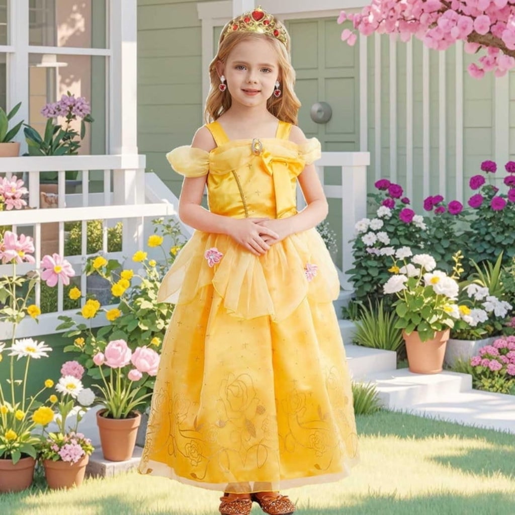 Girls Yellow Princess Costume Tulle Skirt Dress with Tiara and Accessories Halloween