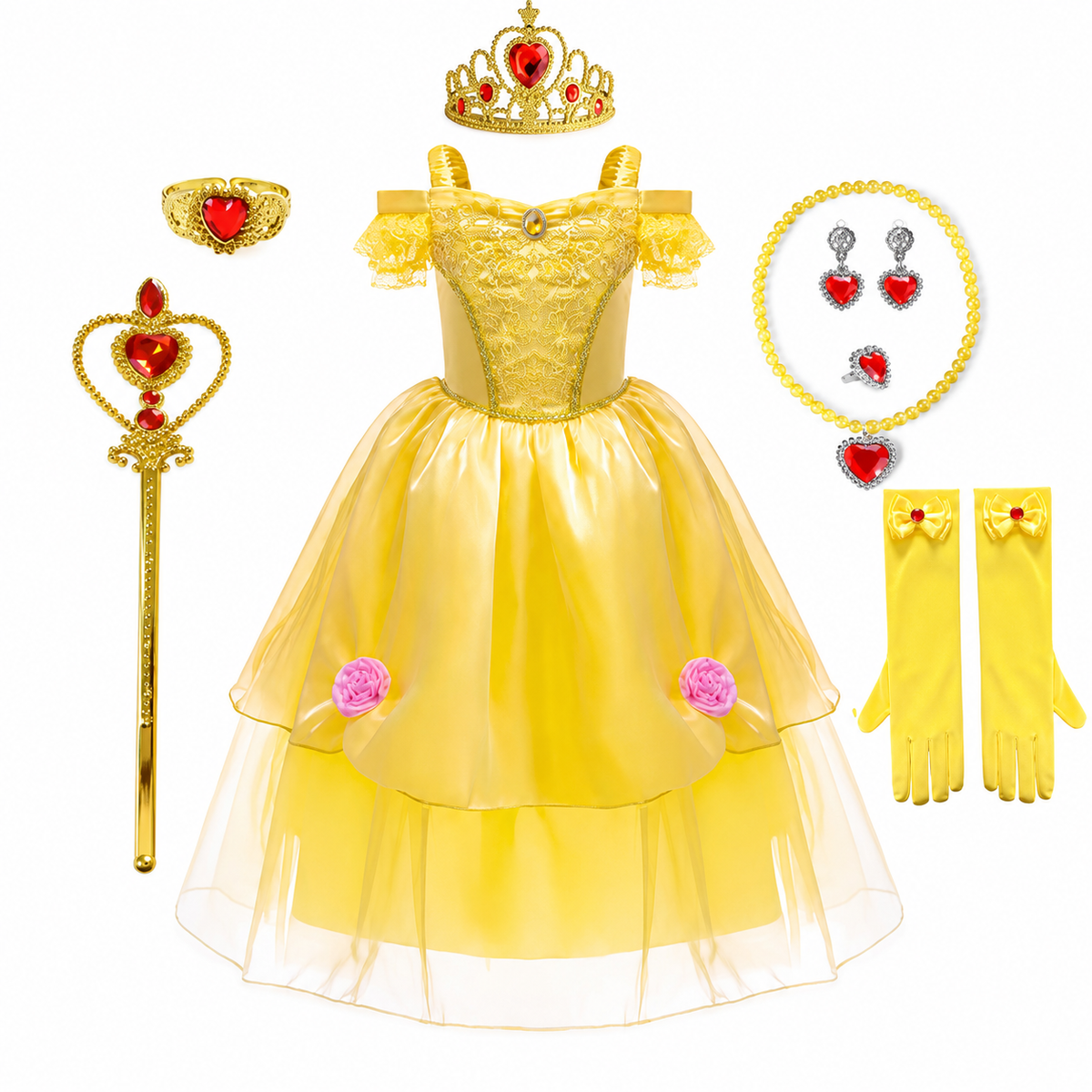 Girls Yellow Princess Costume Tulle Skirt Dress with Tiara and Accessories Halloween