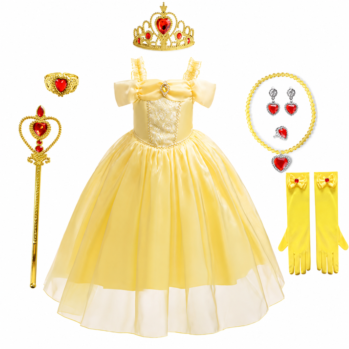 Girls Yellow Princess Costume Tulle Skirt Dress with Tiara and Accessories Halloween