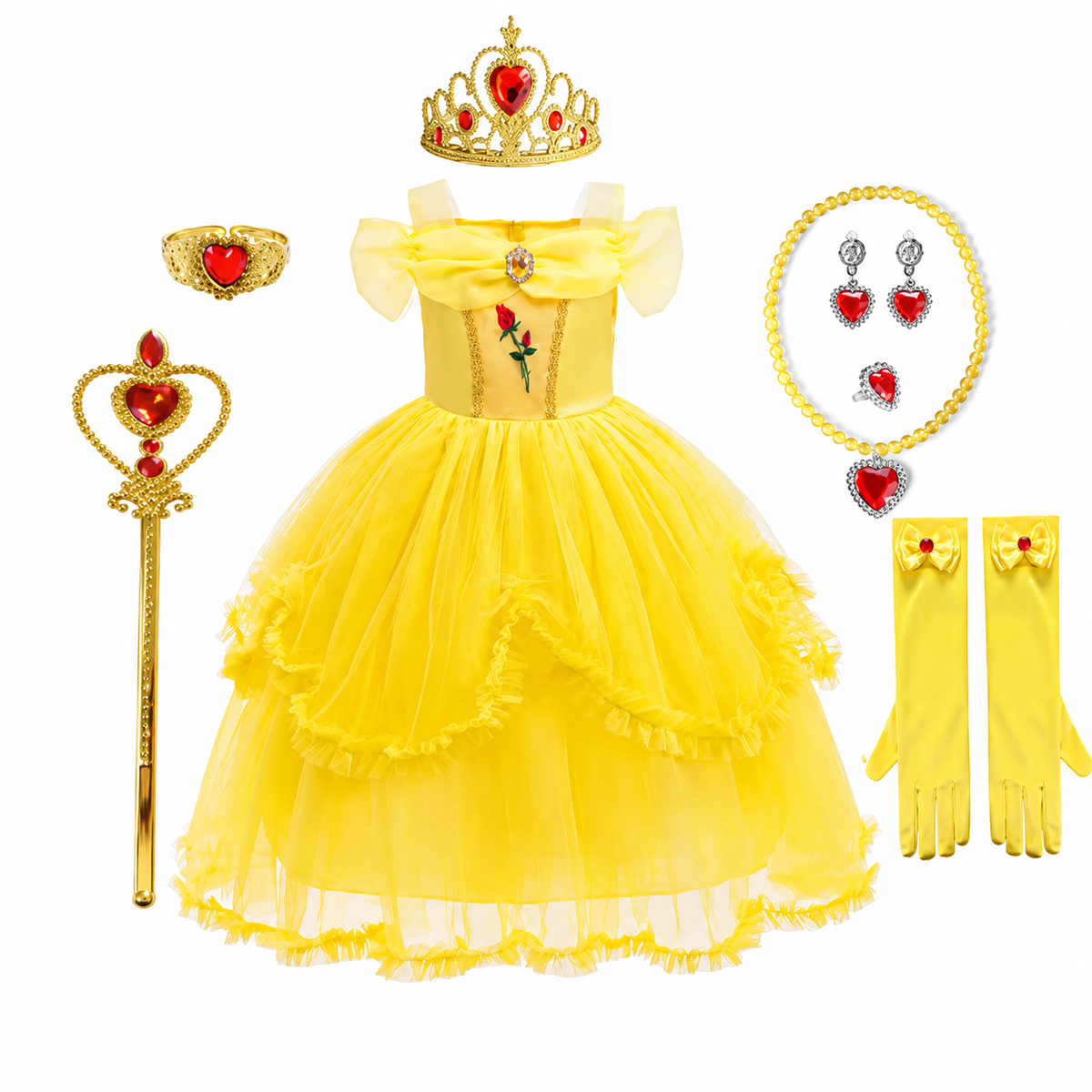 Girls Yellow Princess Costume Tulle Skirt Dress with Tiara and Accessories Halloween