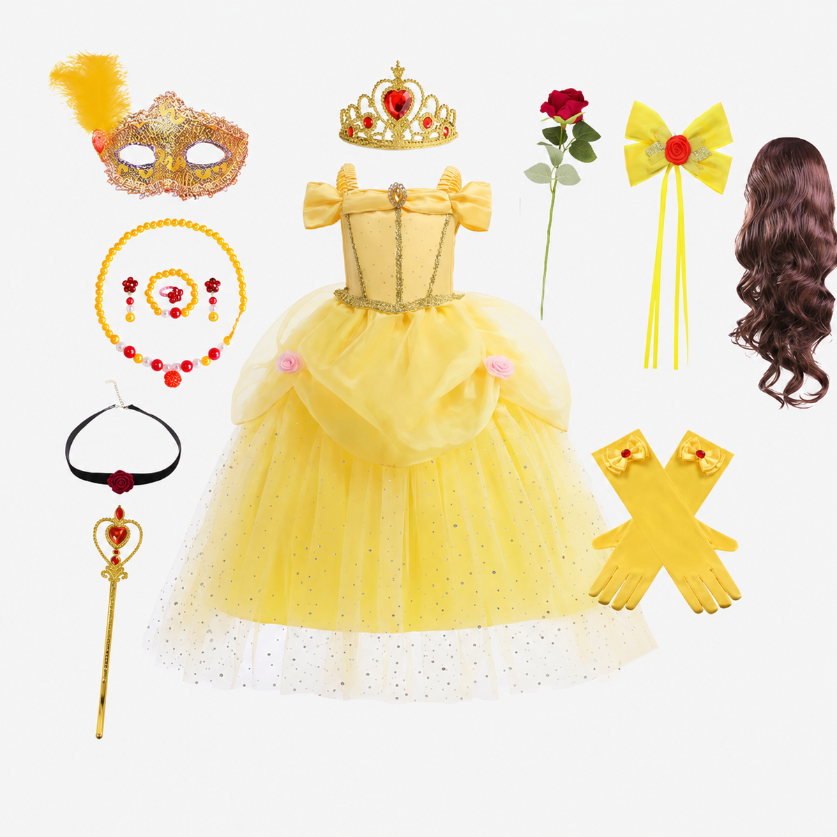 Girls Yellow Princess Costume Tulle Skirt Dress with Tiara and Accessories Halloween
