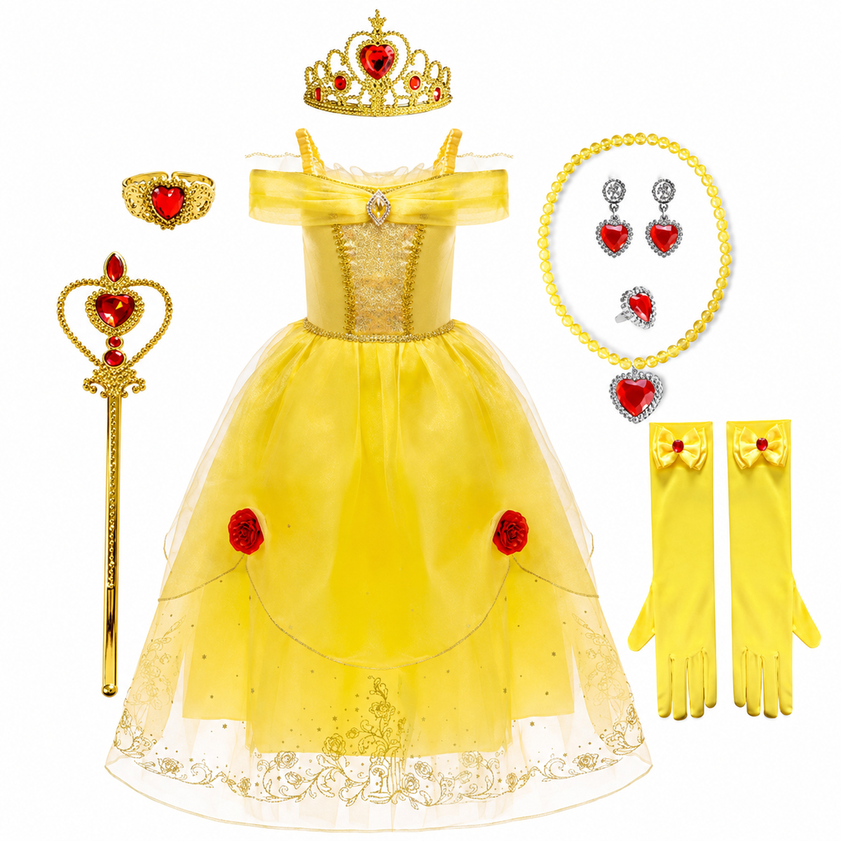 Girls Yellow Princess Costume Tulle Skirt Dress with Tiara and Accessories Halloween