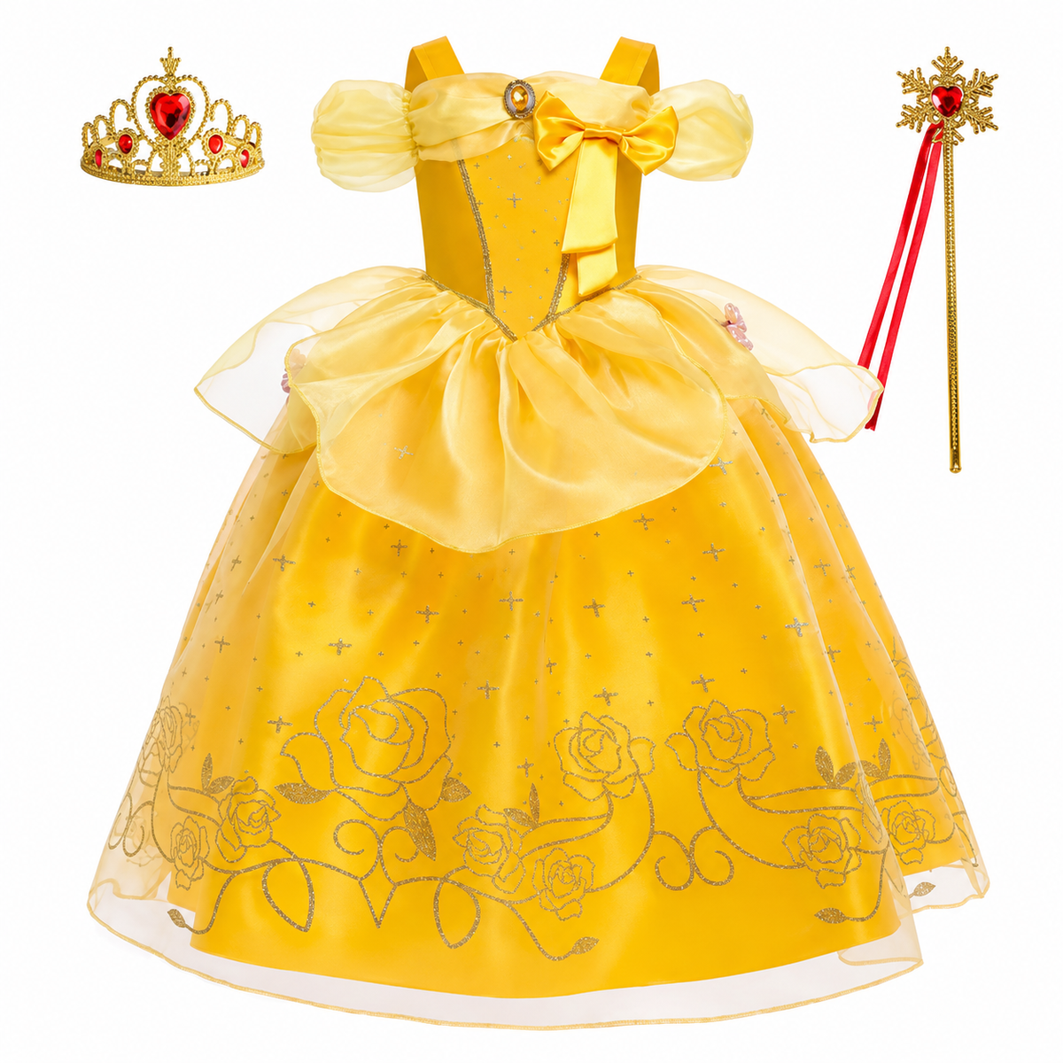 Girls Yellow Princess Costume Tulle Skirt Dress with Tiara and Accessories Halloween