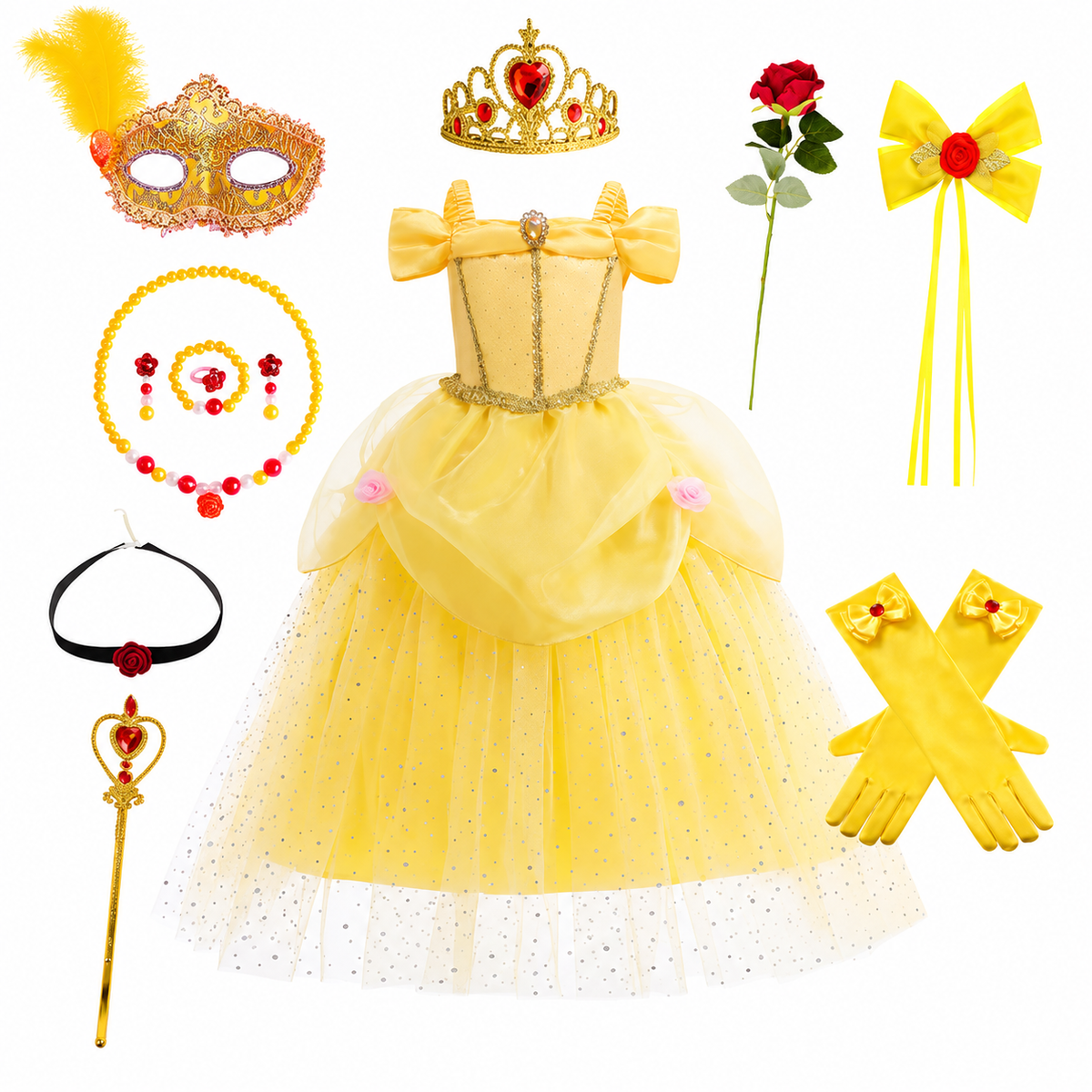 Girls Yellow Princess Costume Tulle Skirt Dress with Tiara and Accessories Halloween