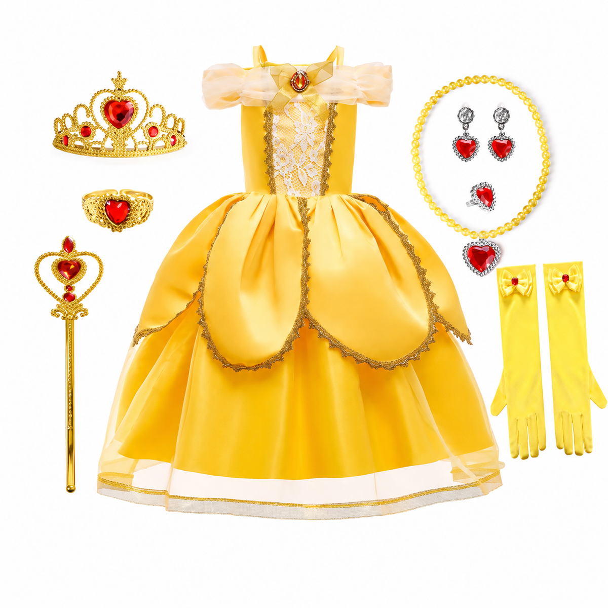 Girls Yellow Princess Costume Tulle Skirt Dress with Tiara and Accessories Halloween