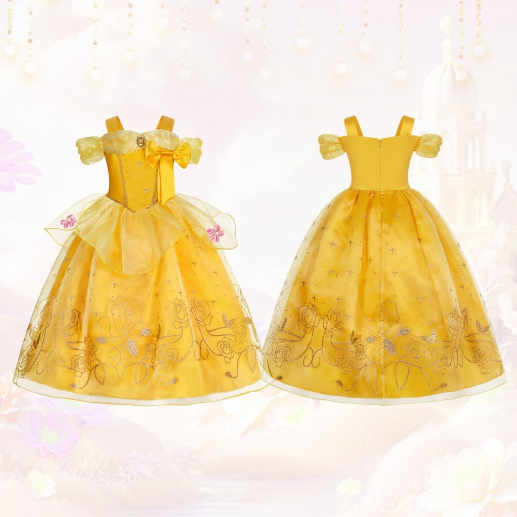 Girls Yellow Princess Costume Tulle Skirt Dress with Tiara and Accessories Halloween