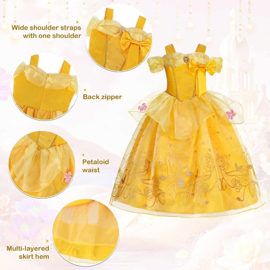 Girls Yellow Princess Costume Tulle Skirt Dress with Tiara and Accessories Halloween