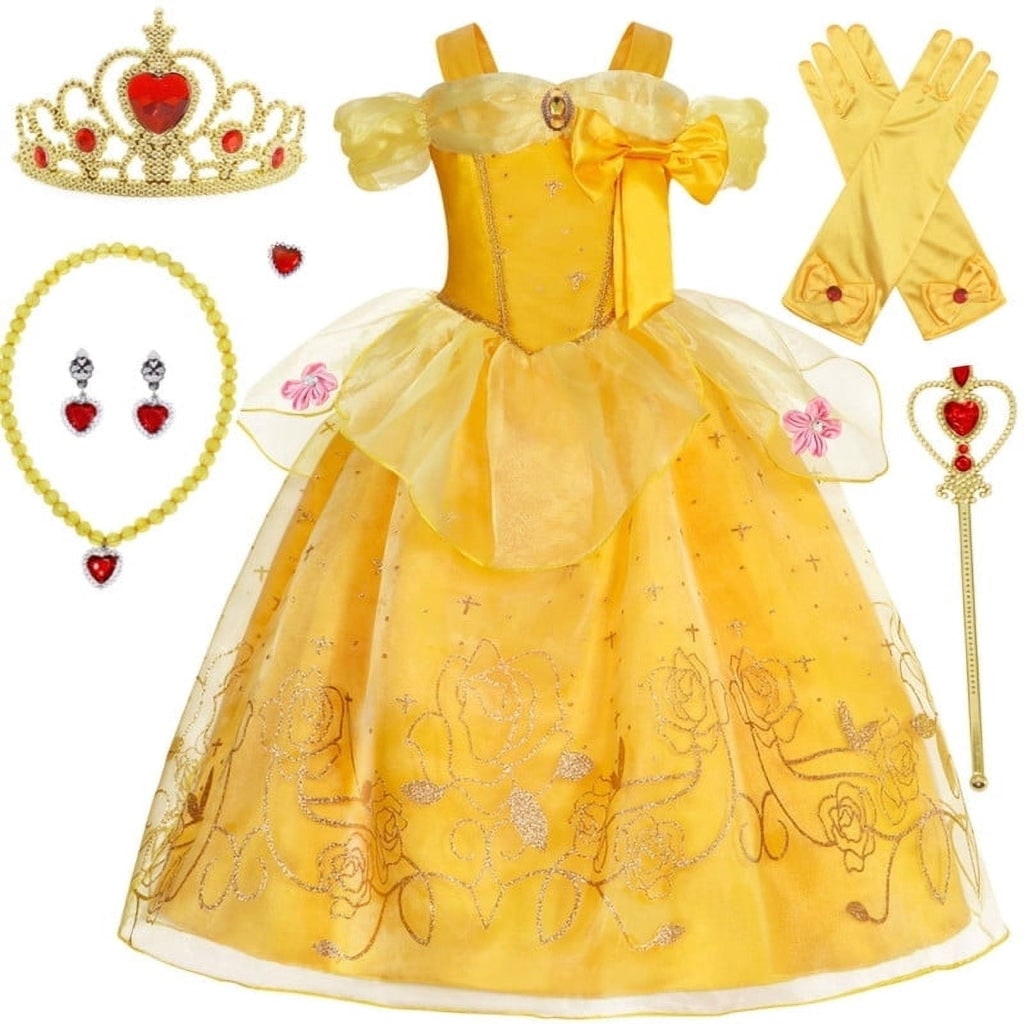 Girls Yellow Princess Costume Tulle Skirt Dress with Tiara and Accessories Halloween