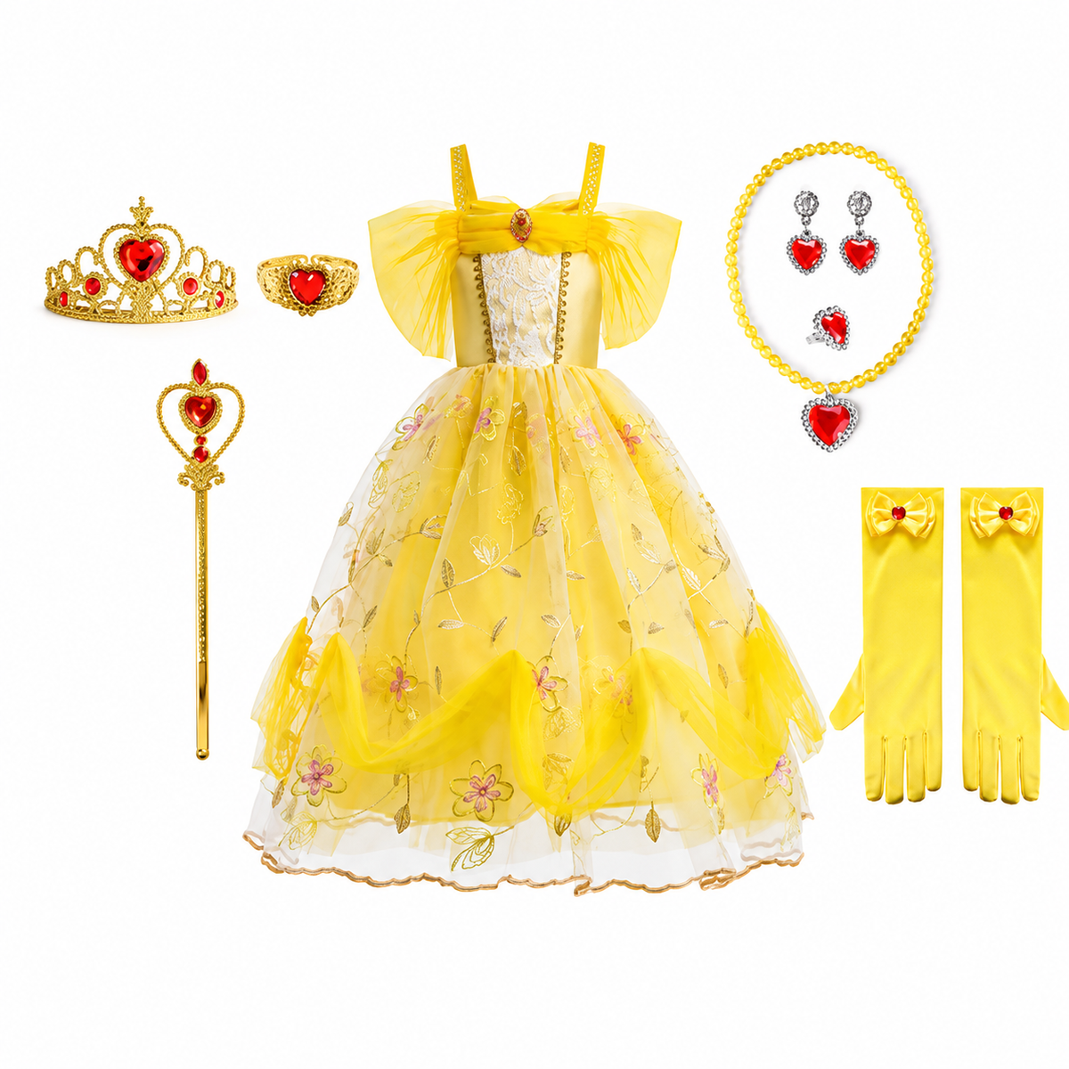 Girls Yellow Princess Costume Tulle Skirt Dress with Tiara and Accessories Halloween
