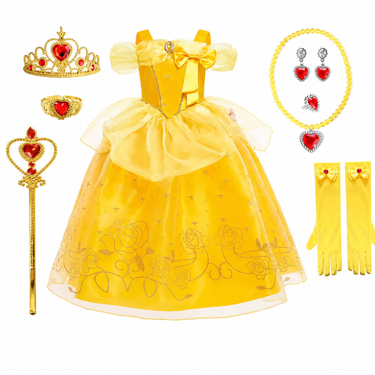 Girls Yellow Princess Costume Tulle Skirt Dress with Tiara and Accessories Halloween