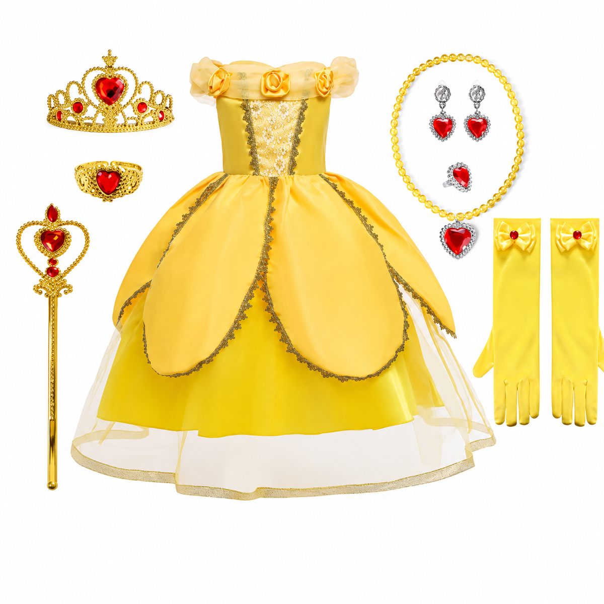 Girls Yellow Princess Costume Tulle Skirt Dress with Tiara and Accessories Halloween