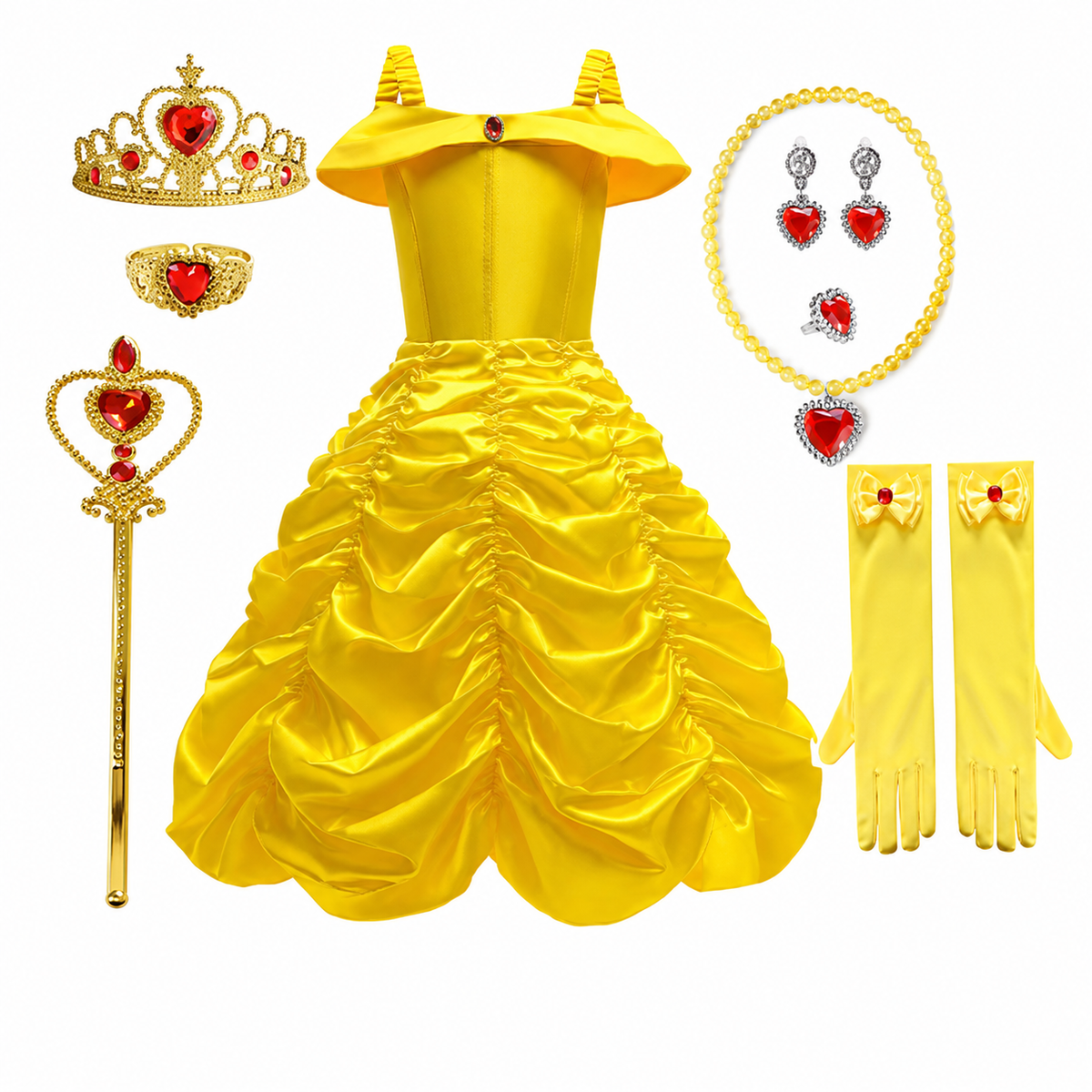Girls Yellow Princess Costume Tulle Skirt Dress with Tiara and Accessories Halloween