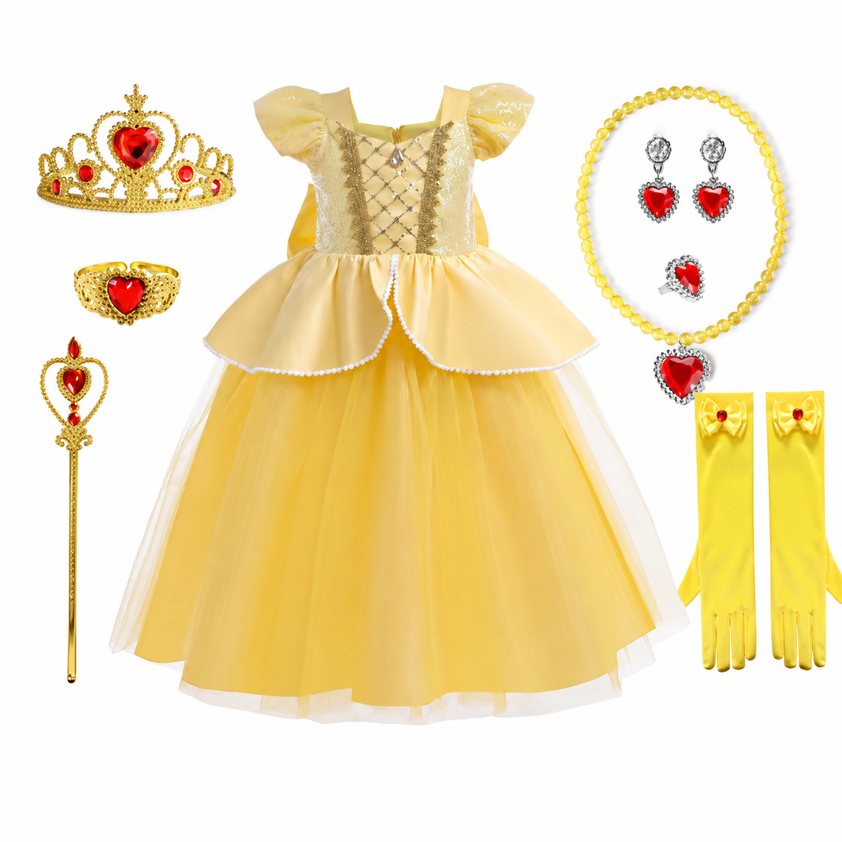 Girls Yellow Princess Costume Tulle Skirt Dress with Tiara and Accessories Halloween