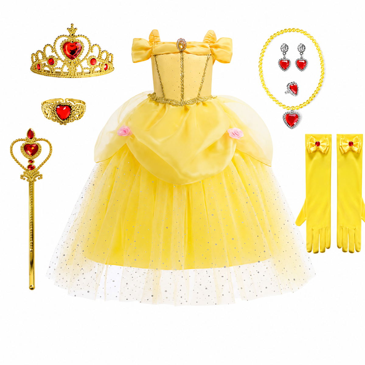 Girls Yellow Princess Costume Tulle Skirt Dress with Tiara and Accessories Halloween