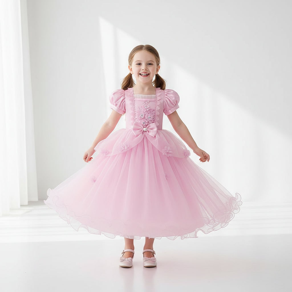 Girls Princess Party Dress Costume with Puff Sleeves and Tulle Skirt Halloween