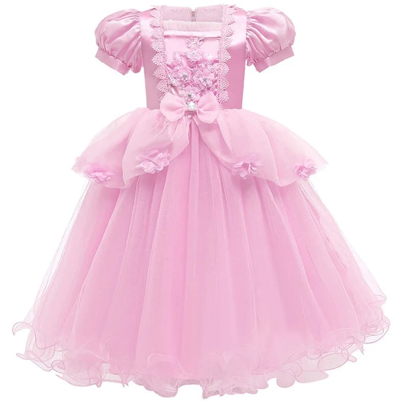 Girls Princess Party Dress Costume with Puff Sleeves and Tulle Skirt Halloween