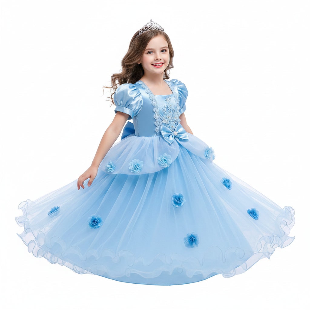 Girls Princess Party Dress Costume with Puff Sleeves and Tulle Skirt Halloween