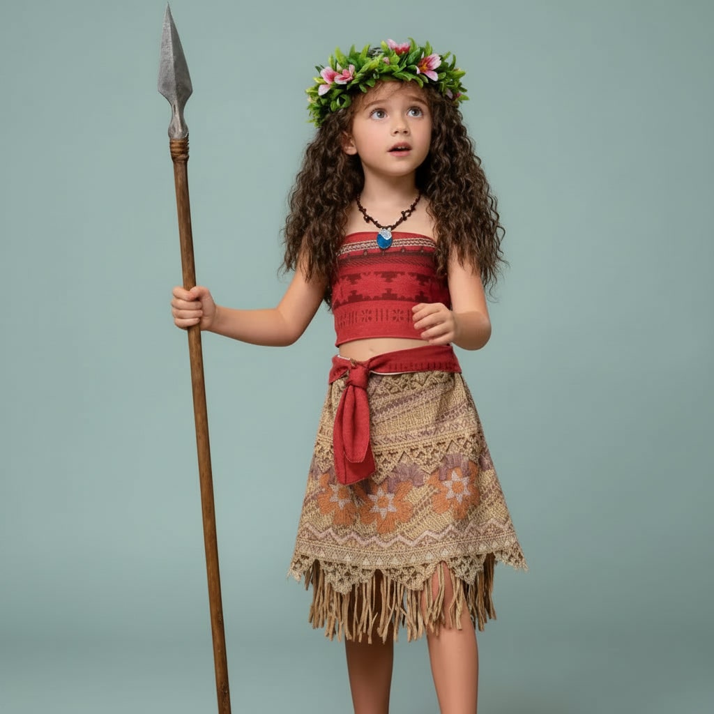 Girls Island Princess Costume Two Piece Wig Flower Crown Fringe Skirt Halloween