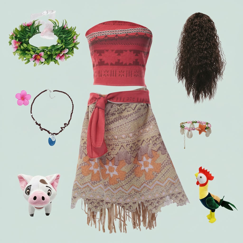 Girls Island Princess Costume Two Piece Wig Flower Crown Fringe Skirt Halloween