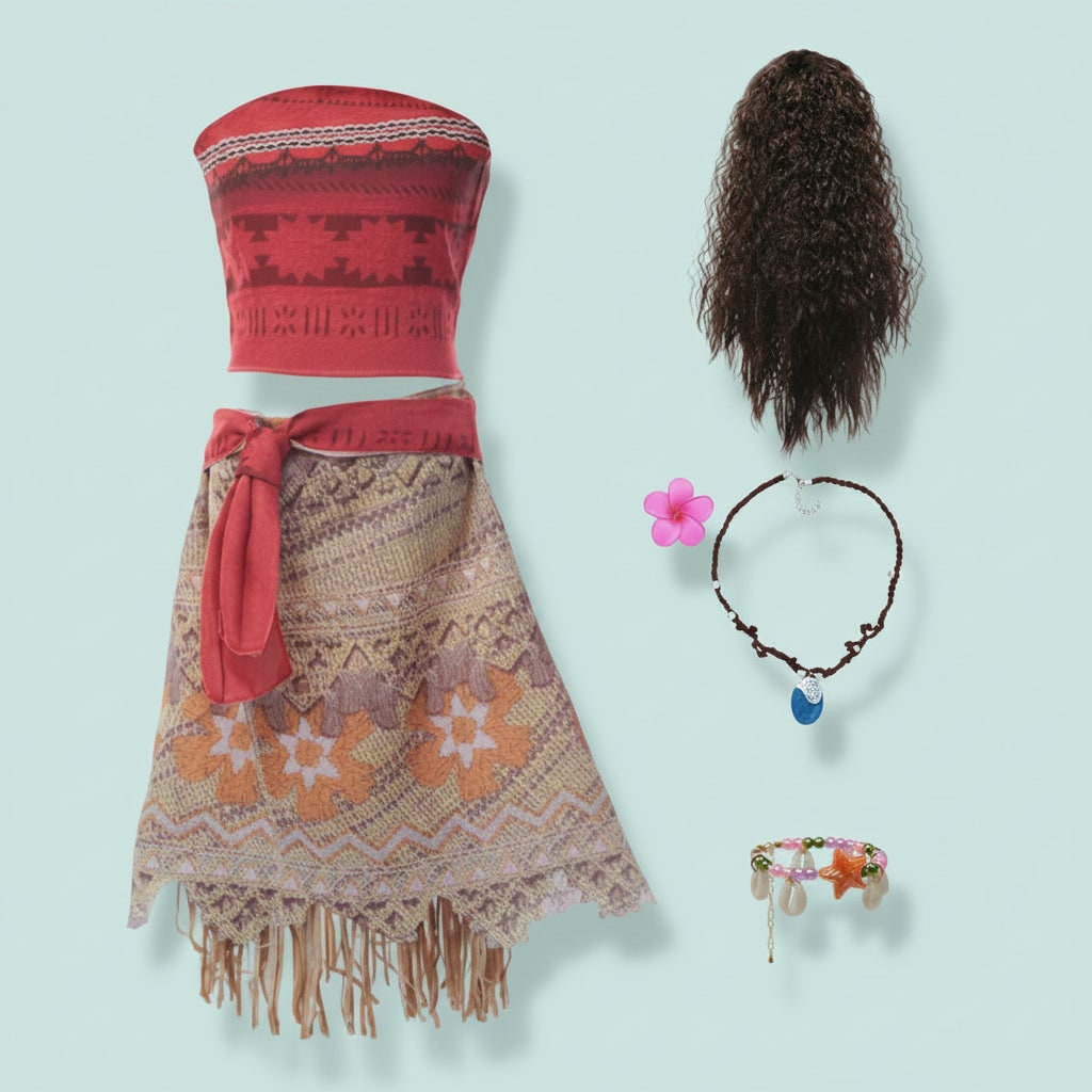 Girls Island Princess Costume Two Piece Wig Flower Crown Fringe Skirt Halloween