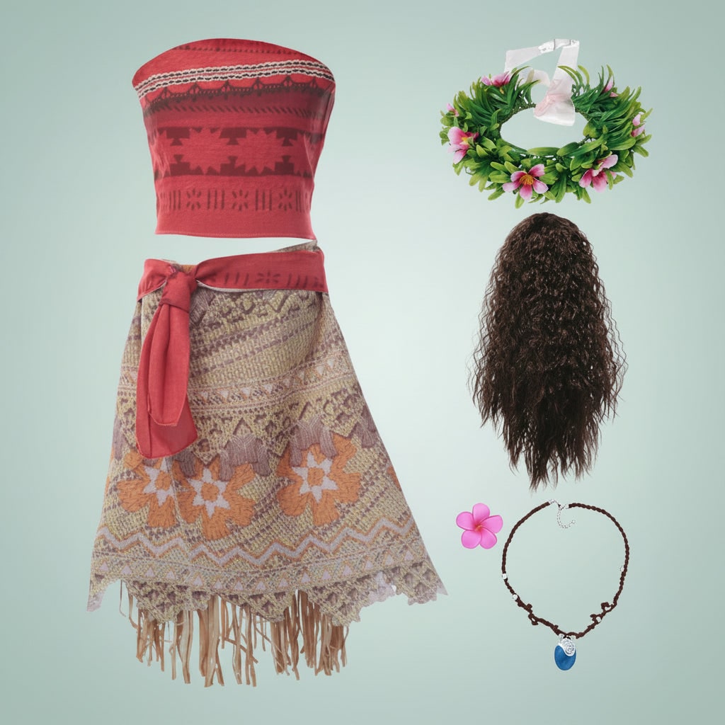 Girls Island Princess Costume Two Piece Wig Flower Crown Fringe Skirt Halloween