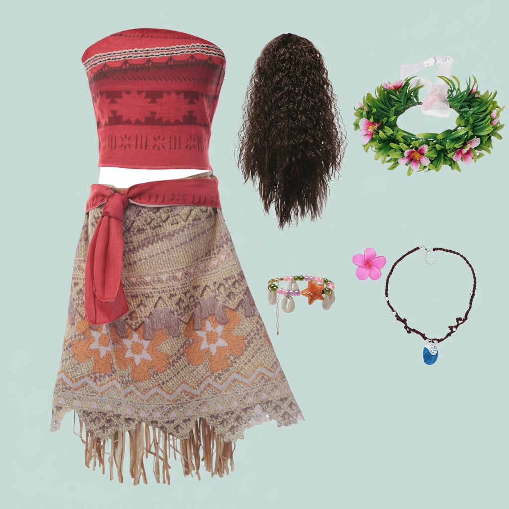 Girls Island Princess Costume Two Piece Wig Flower Crown Fringe Skirt Halloween