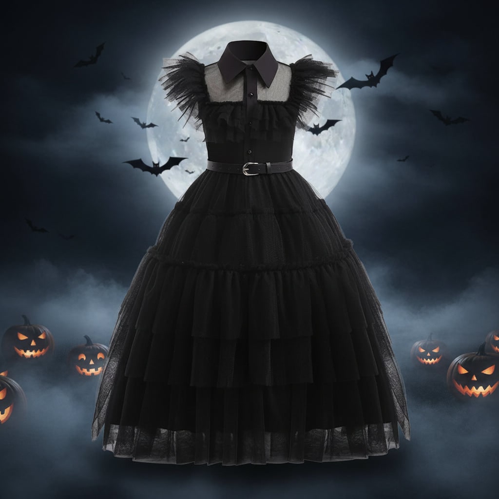 Girls Wednesday Costume Tiered Tulle Dress with Accessories Halloween