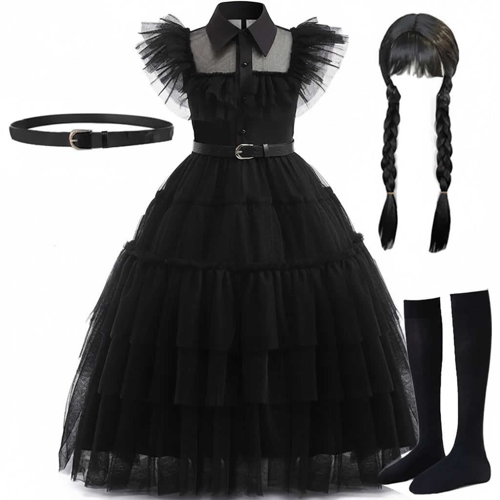Girls Wednesday Costume Tiered Tulle Dress with Accessories Halloween