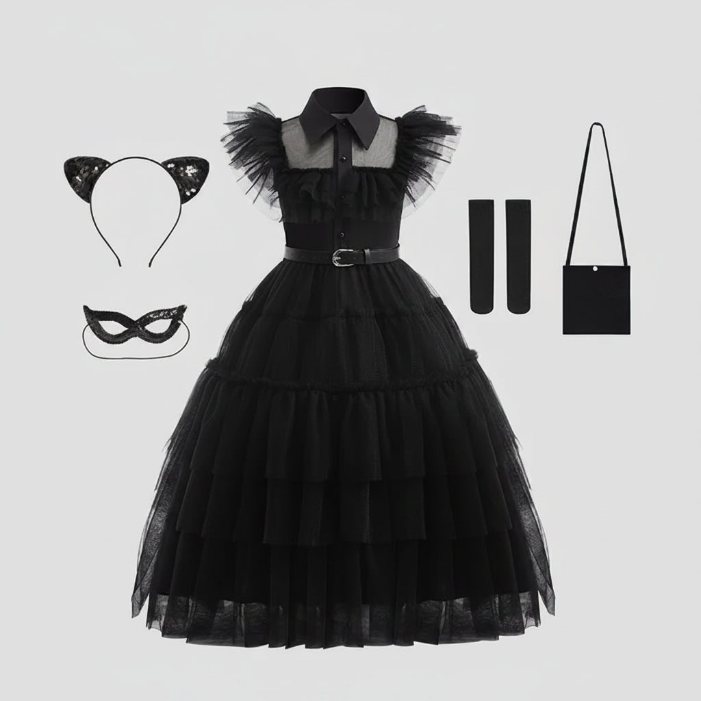 Girls Wednesday Costume Tiered Tulle Dress with Accessories Halloween