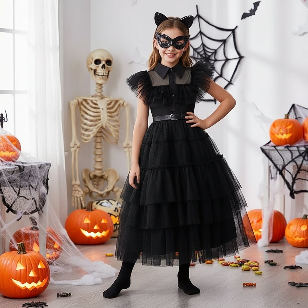 Girls Wednesday Costume Tiered Tulle Dress with Accessories Halloween