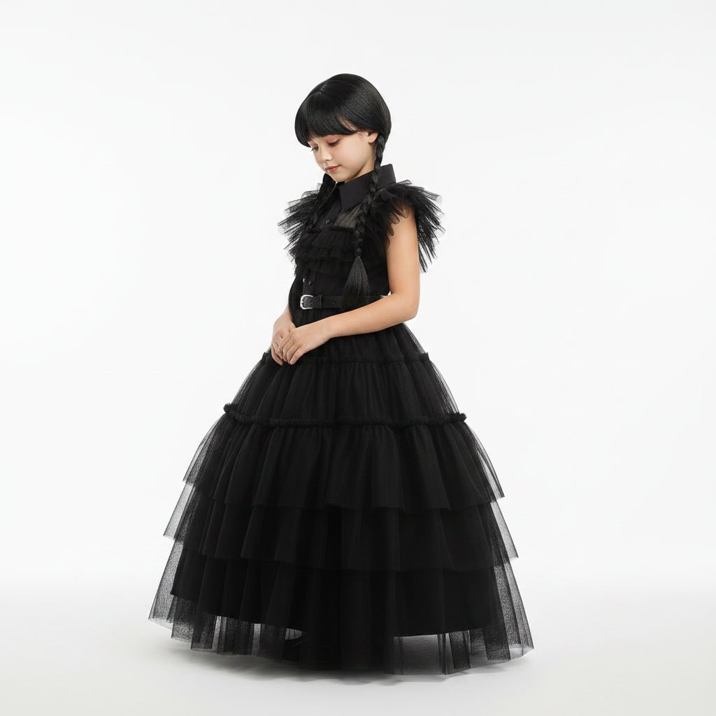 Girls Wednesday Costume Tiered Tulle Dress with Accessories Halloween