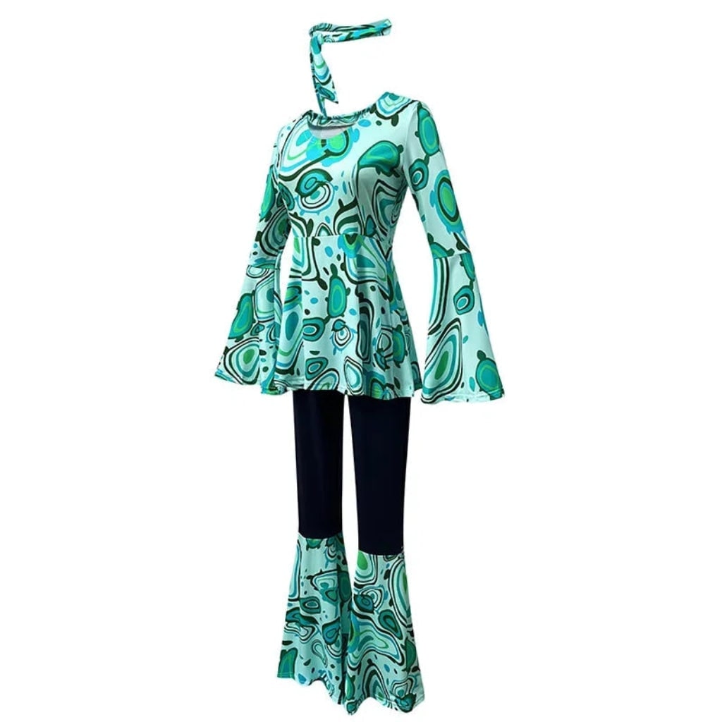 70s Hippie Costume Bell Bottom Set with Headband Psychedelic Print Halloween