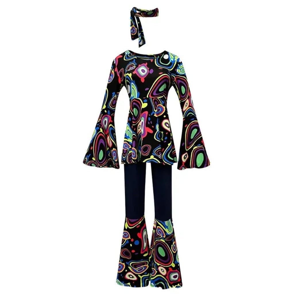 70s Hippie Costume Bell Bottom Set with Headband Psychedelic Print Halloween