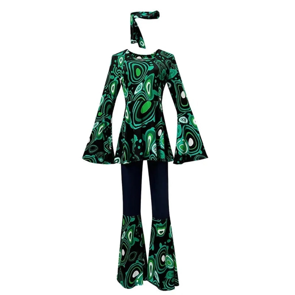 70s Hippie Costume Bell Bottom Set with Headband Psychedelic Print Halloween