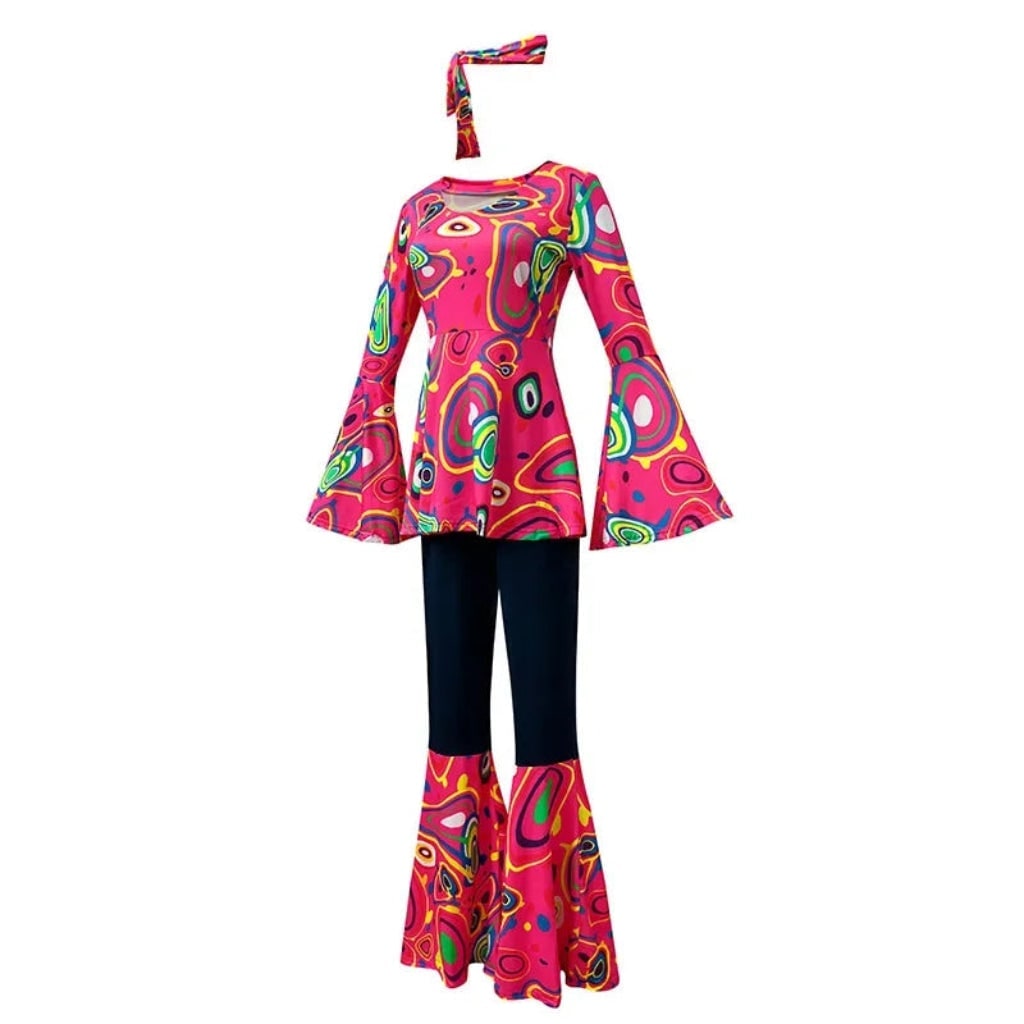 70s Hippie Costume Bell Bottom Set with Headband Psychedelic Print Halloween