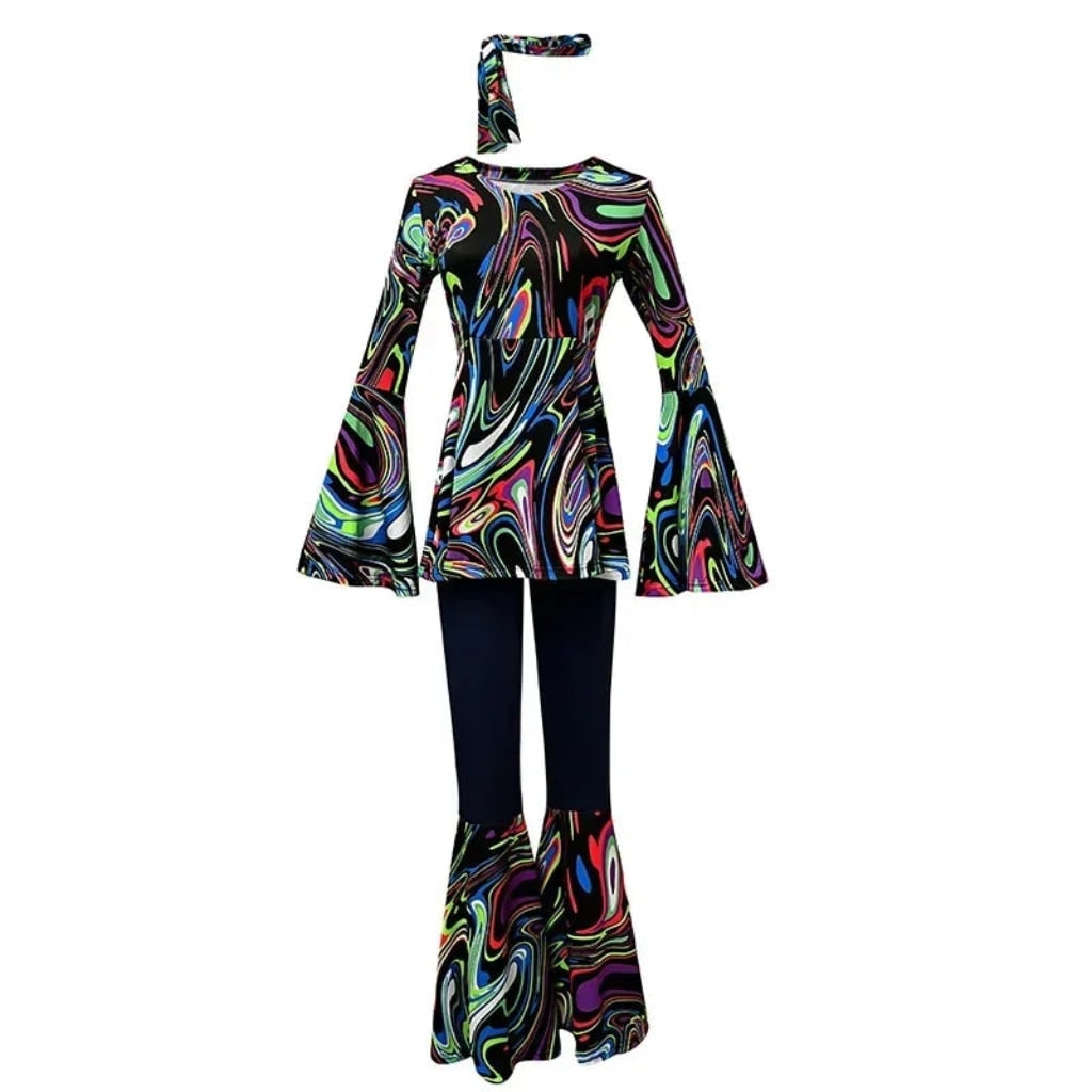 70s Hippie Costume Bell Bottom Set with Headband Psychedelic Print Halloween