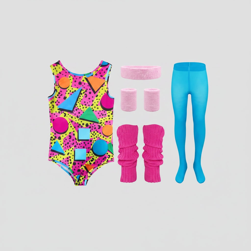 80s Workout Costume Aerobics Leotard Leg Warmers Headband Wristbands Halloween