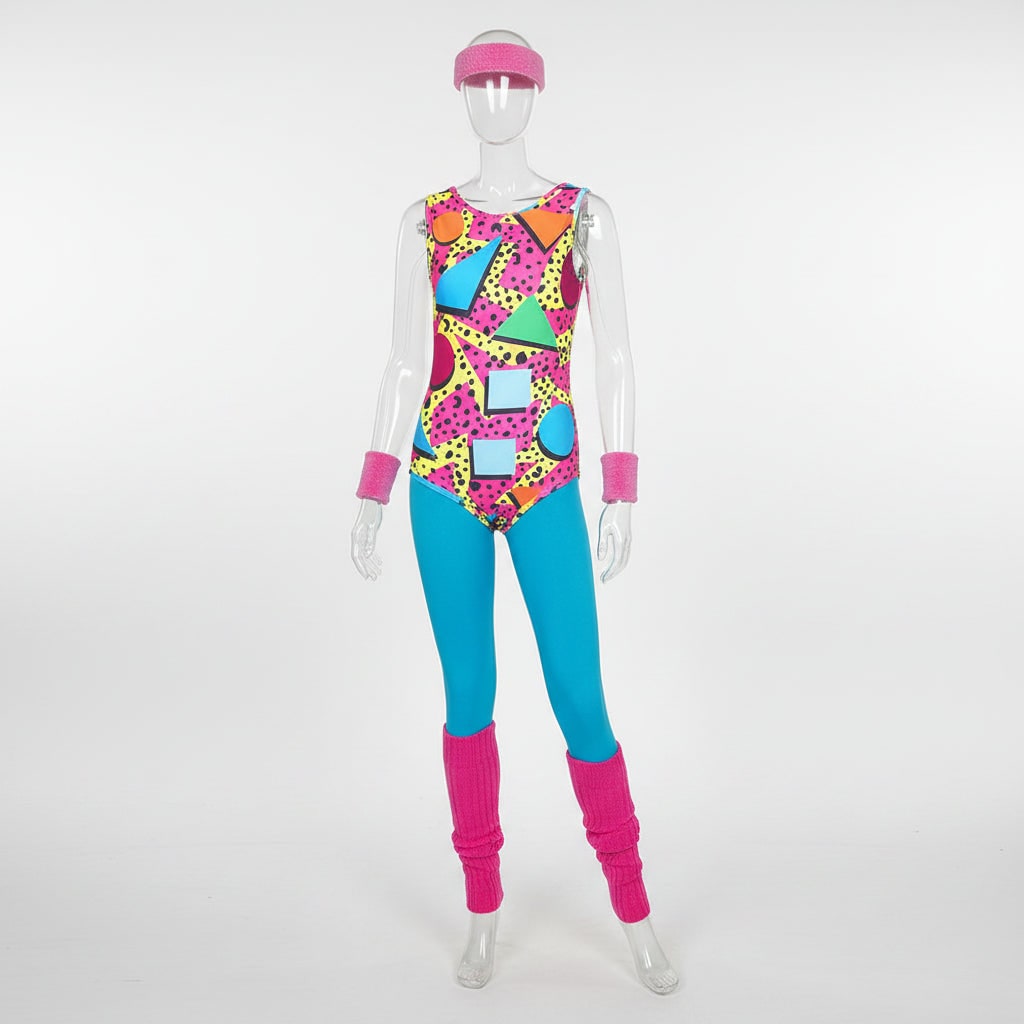 80s Workout Costume Aerobics Leotard Leg Warmers Headband Wristbands Halloween