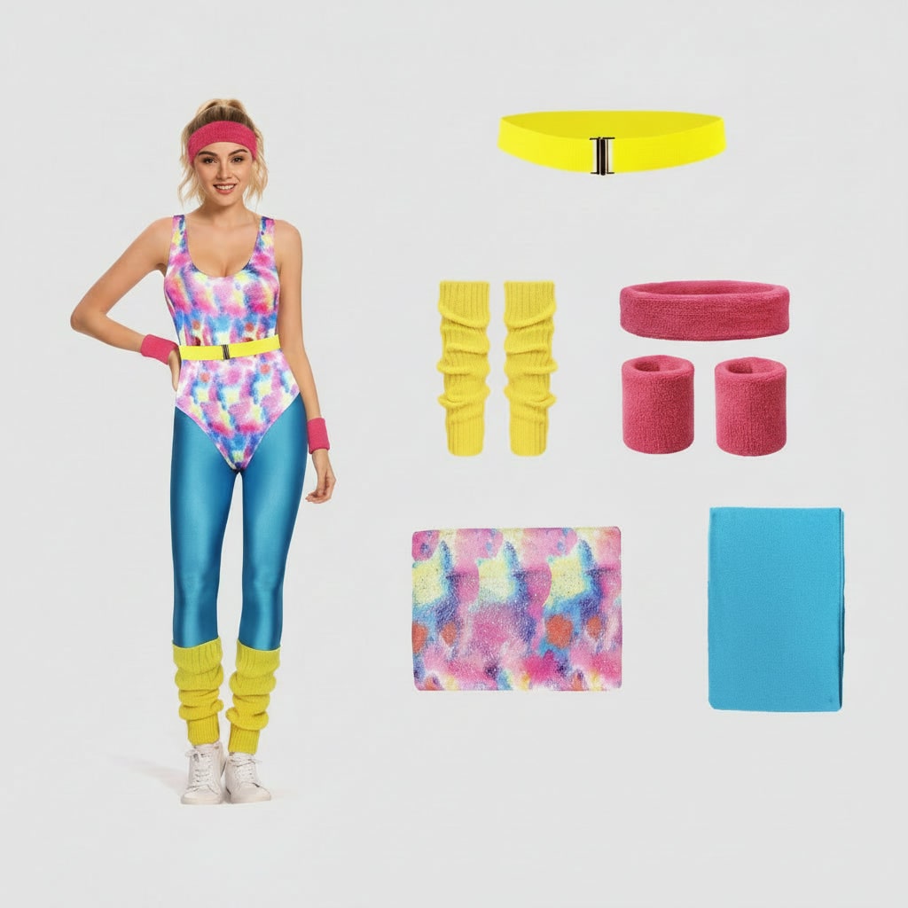 80s Workout Costume Aerobics Leotard Leg Warmers Headband Wristbands Halloween